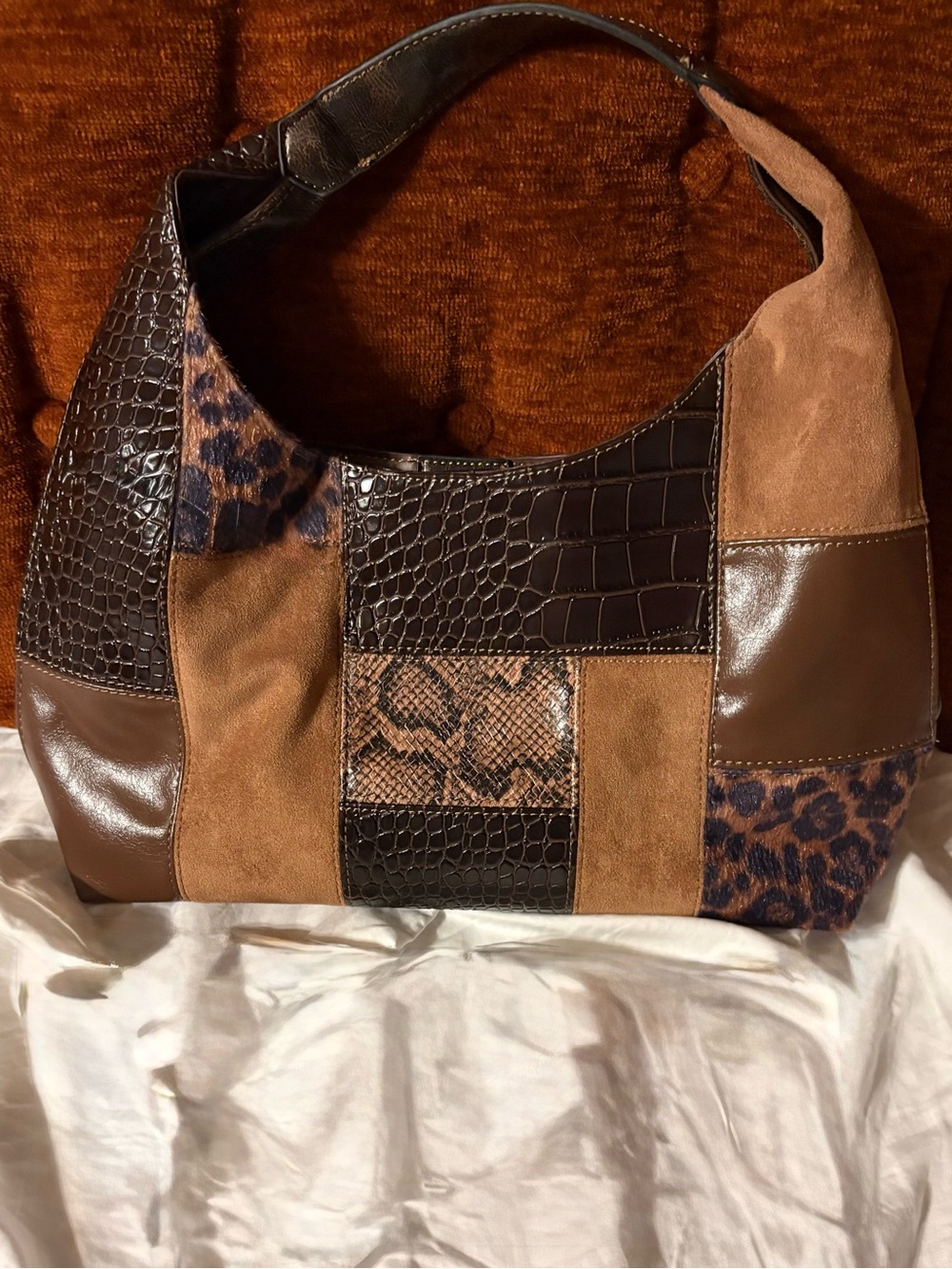 Steve Madden Brown Patchwork Mixed-Texture Shoulder Bag